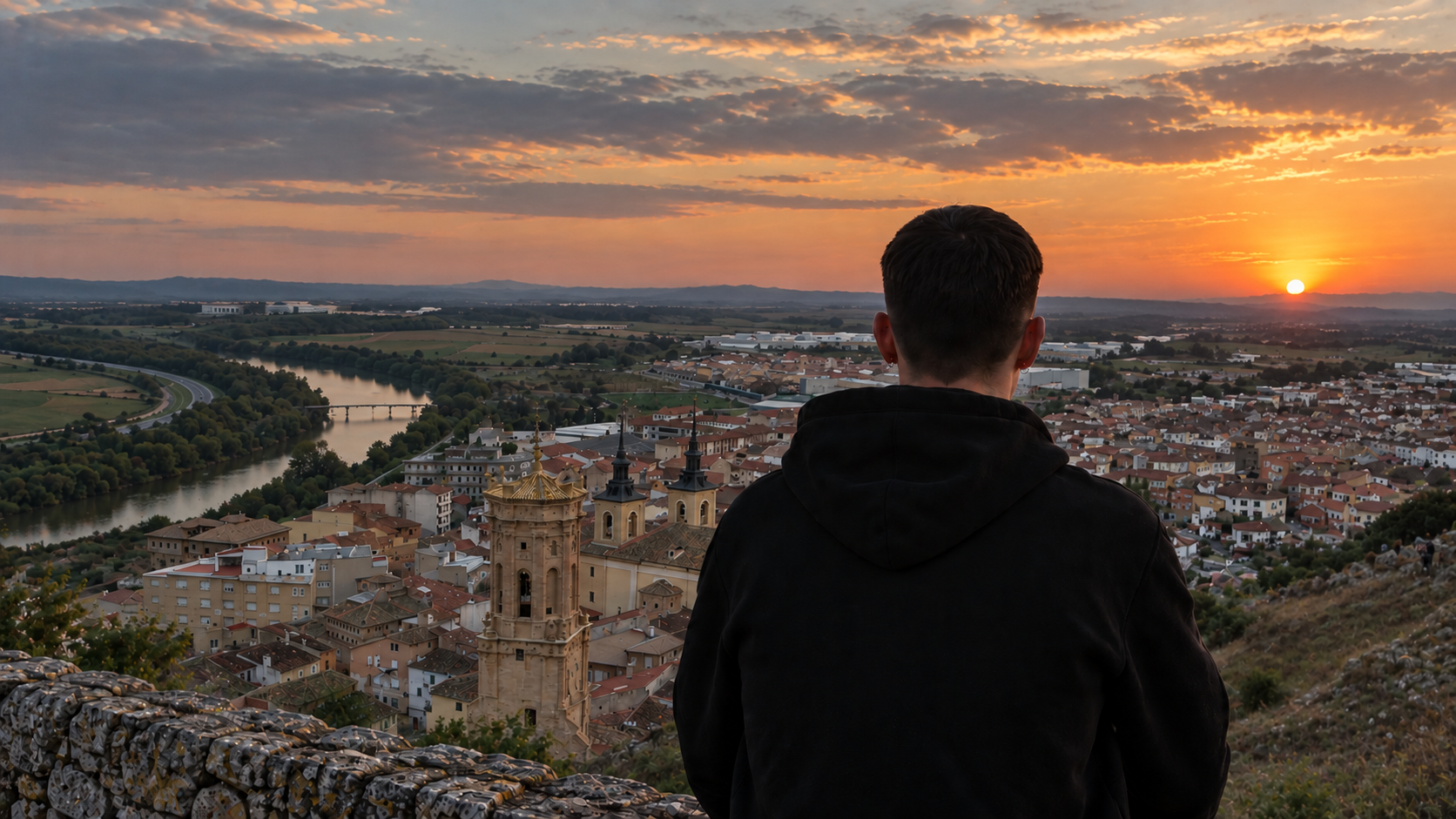 Vista panorámica de Peralta/Azkoyen (Navarra), localidad de origen de Azkoyen Webs, al atardecer